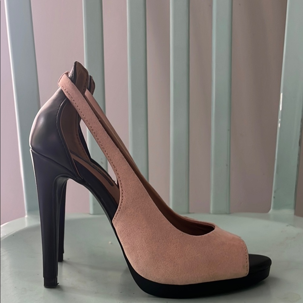 Zara Trafaluc blush Pink and Black High Heels 4 inch peep toe